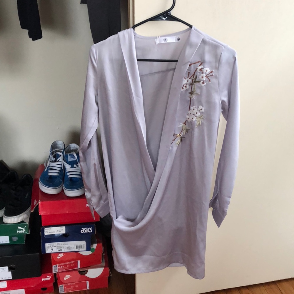 Embroidered Satin Wrap Around Mini Dress